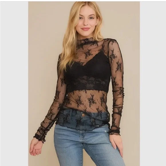 NEW Lace Sheer Long Sleeve Top - Black Sheer Feminine Long Sleeve Tee - Picture 2 of 8